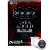 Community Coffee Dark and Bold Espresso Roast pods for quick Keurig brewing.