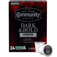 Community Coffee Dark and Bold Espresso Roast pods for quick Keurig brewing.