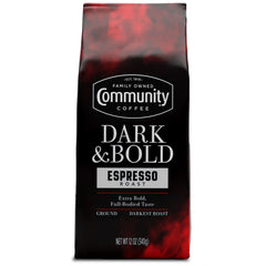 Community Coffee Dark & Bold Espresso Roast bag shows premium grounds for bold mornings.