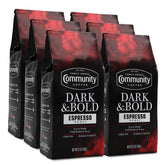 Community Coffee Dark and Bold Espresso Roast pack of six 12 oz bags for versatile brewing.