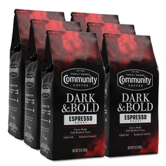 Community Coffee Dark and Bold Espresso Roast pack of six 12 oz bags for versatile brewing.