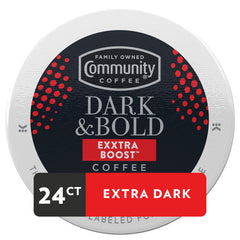 Community Coffee Dark & Bold Exxtra Boost brew cup ready for a fast morning.