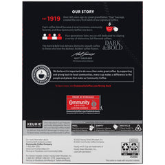 Community Coffee Dark & Bold Exxtra Boost coffee beans close-up highlights rich roast.