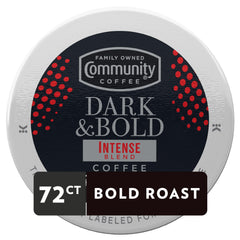 Community Coffee Dark & Bold Intense Blend aroma pods, quick Keurig brewing with 100% Arabica beans.