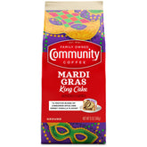 Community Coffee Mardi Gras King Cake ground coffee 12oz bag ready for flavorful mornings.