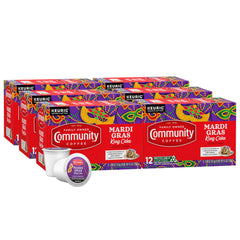 Community Coffee Mardi Gras King Cake pods, close-up showing rich, quick-brew potential.