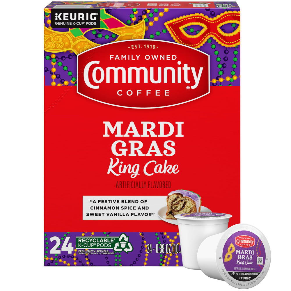 Community Coffee Mardi Gras King Cake pods show festive aroma for quick, flavorful mornings.