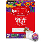 Community Coffee Mardi Gras King Cake pods show festive aroma for quick, flavorful mornings.