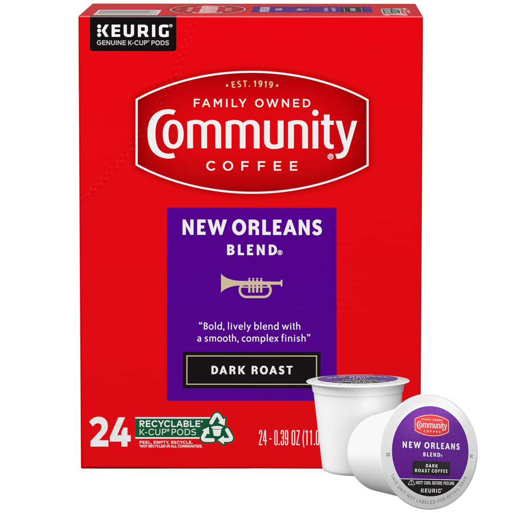 Community Coffee New Orleans Blend 24-count pods ready for Keurig, for quick, convenient mornings.