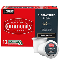 Community Coffee Signature Blend dark roast K-Cup pod for a bold, chocolatey cup.