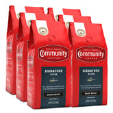 Community Coffee Signature Blend Dark Roast pack of six bags for home brewing.