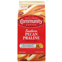 Community Coffee Southern Pecan Praline ground coffee in 12 oz bag, ideal for daily drip