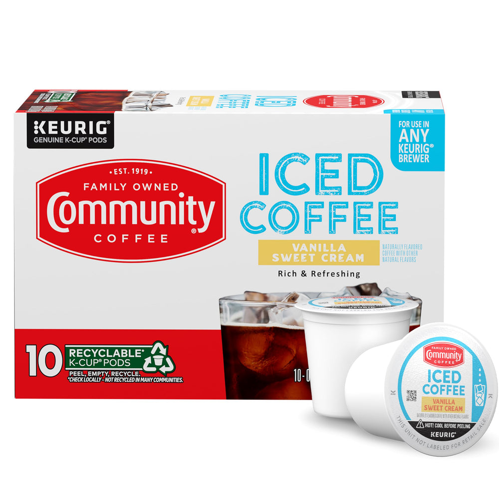 Community Coffee Vanilla Sweet Cream iced coffee pods for quick, flavorful cold brew.