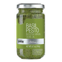Compagnia Sanremo Pesto DOP Basil jar close-up showing Genovese basil aroma for authentic pasta flavor