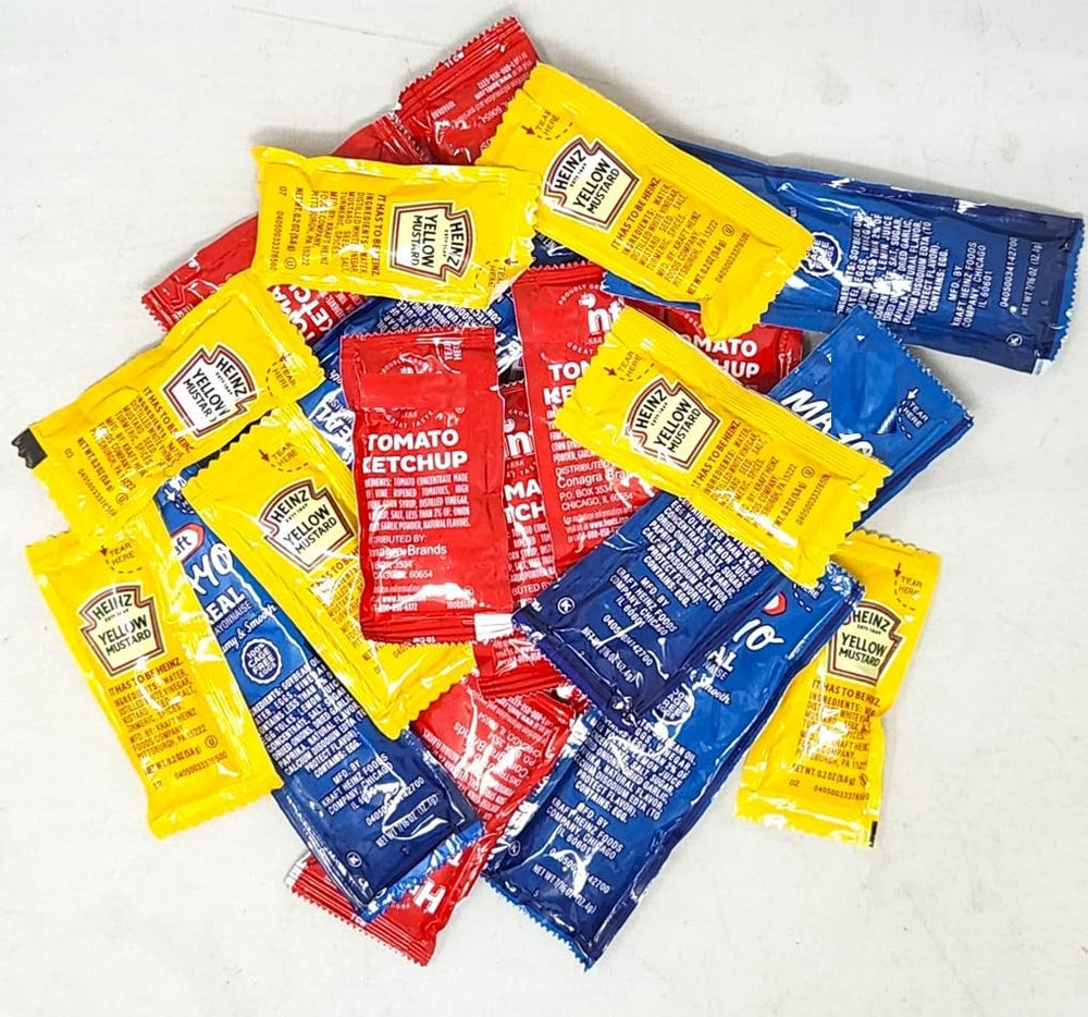 Ketchup, mustard and mayo packets in a 75-pack for on-the-go meals