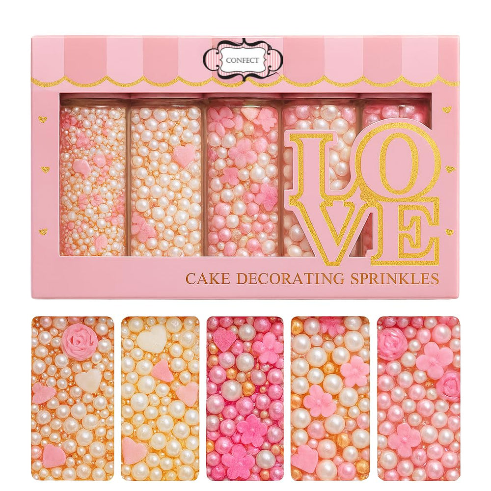Confect pink mini roses sprinkles with silver hearts on a cake for elegant decoration
