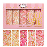 Confect pink mini roses sprinkles with silver hearts on a cake for elegant decoration