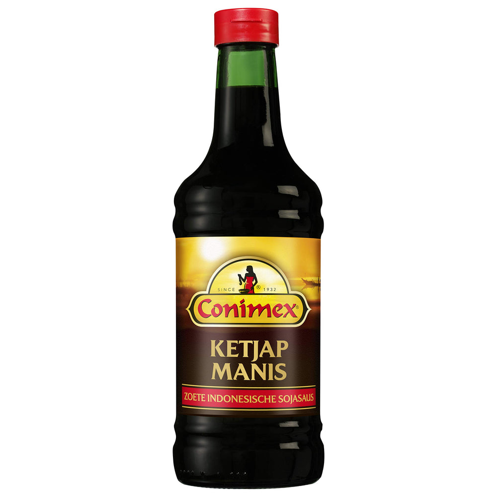 Conimex Ketjap Manis bottle pour highlights rich caramel sweetness for stir-fries.