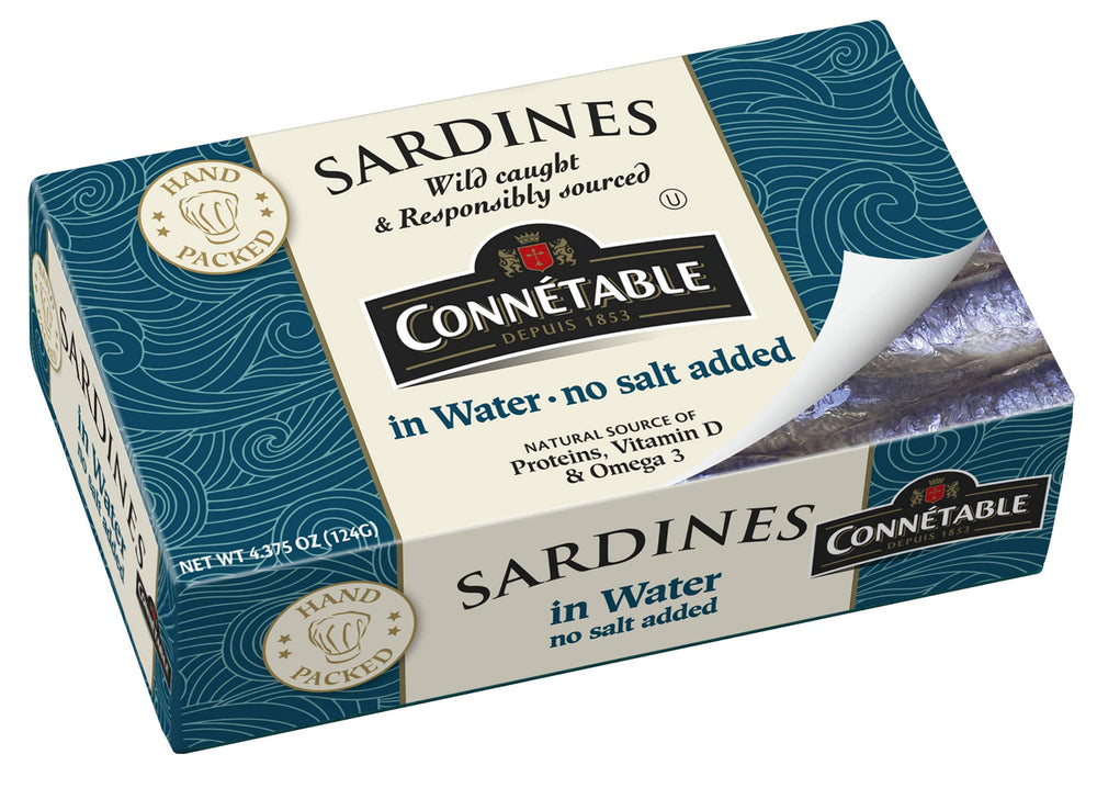 Connetable sardines in water can: protein-rich, no salt added.