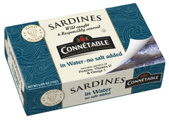 Connetable sardines in water can: protein-rich, no salt added.