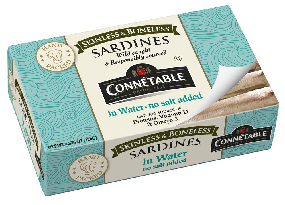 Connetable Sardines in Water pack highlights freshness and protein for a quick, healthy snack.