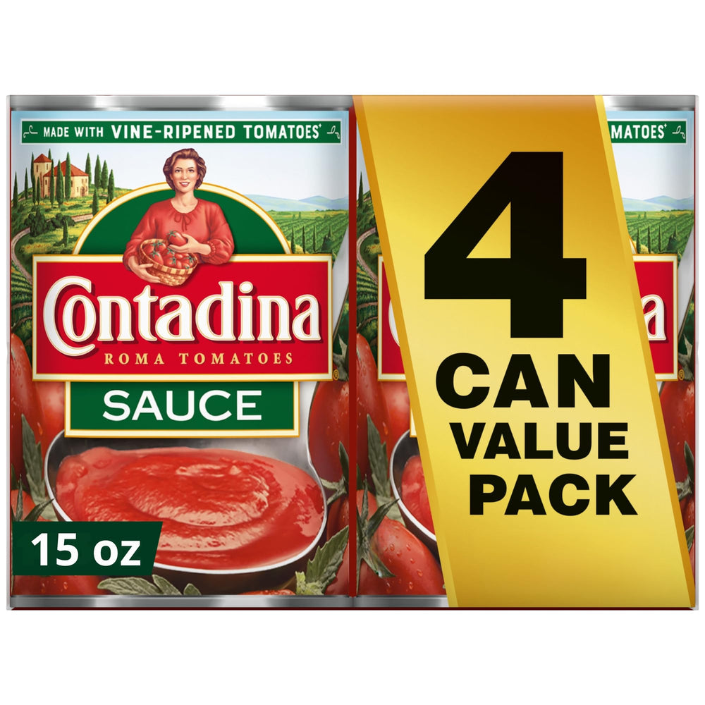 Contadina canned tomato sauce four-pack on pantry shelf for quick family meals.