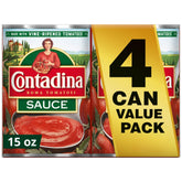 Contadina canned tomato sauce four-pack on pantry shelf for quick family meals.
