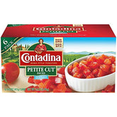 Contadina canned tomatoes on shelf; convenient pantry staple for quick Italian meals.