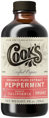 Cook's Organic Peppermint Extract bottle close-up for vibrant dessert flavor