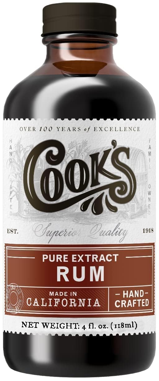Cook's Pure Rum Extract in an amber glass bottle for clean, shelf-stable flavor.