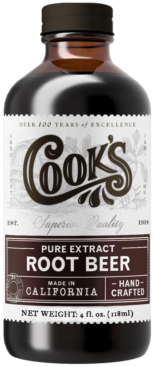 Cook's Root Beer Extract amber bottle close-up for rich root beer flavor.