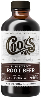 Cook's Root Beer Extract amber bottle close-up for rich root beer flavor.