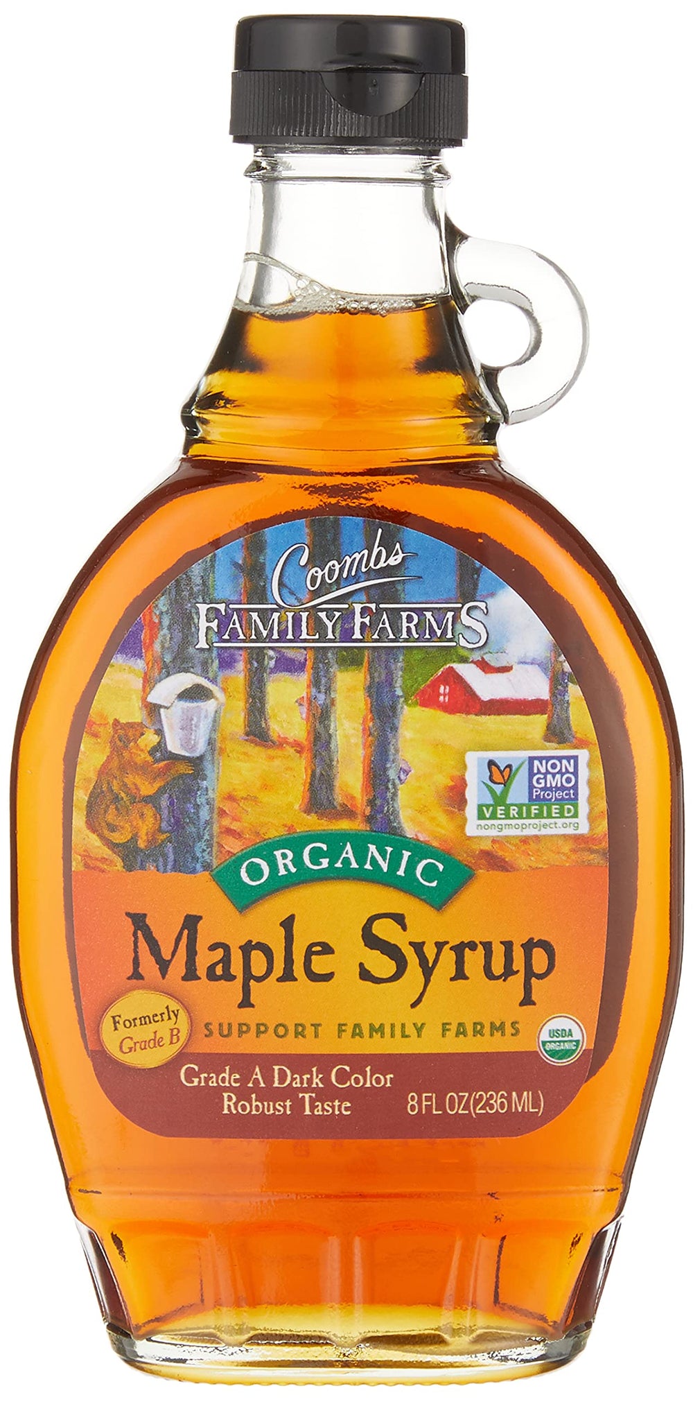Coombs Family Farms Organic Grade B maple syrup in a glass bottle ready to drizzle.
