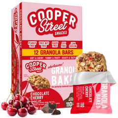 COOPER STREET 12-pack packaging of chocolate cherry granola bars for on-the-go mornings
