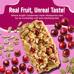 Soft and chewy granola bar close-up highlights texture and real cranberries.