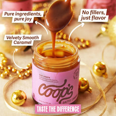 Coop's Salted Caramel Sauce jar with artisan label on display