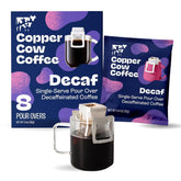 Copper Cow Coffee 8-pack pour-over decaf dark roast packaging for travel convenience