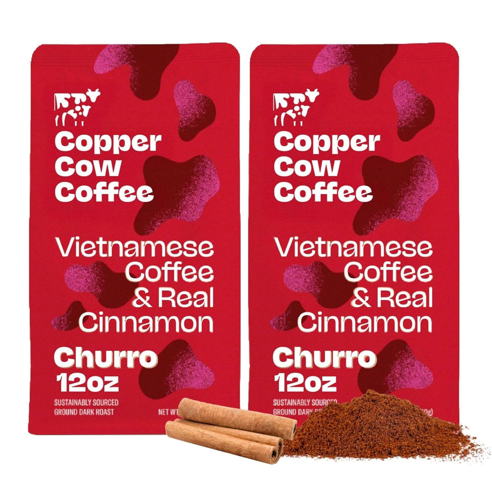 Copper Cow Coffee churro-flavored ground coffee bags for bold morning flavor.