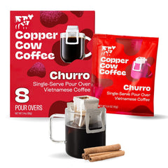 Copper Cow Coffee Churro pour-over 8-pack ready for quick, flavorful Vietnamese coffee.