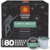 Copper Moon Costa Rican medium roast K-Cup pods packaging highlights premium sourcing and aroma.