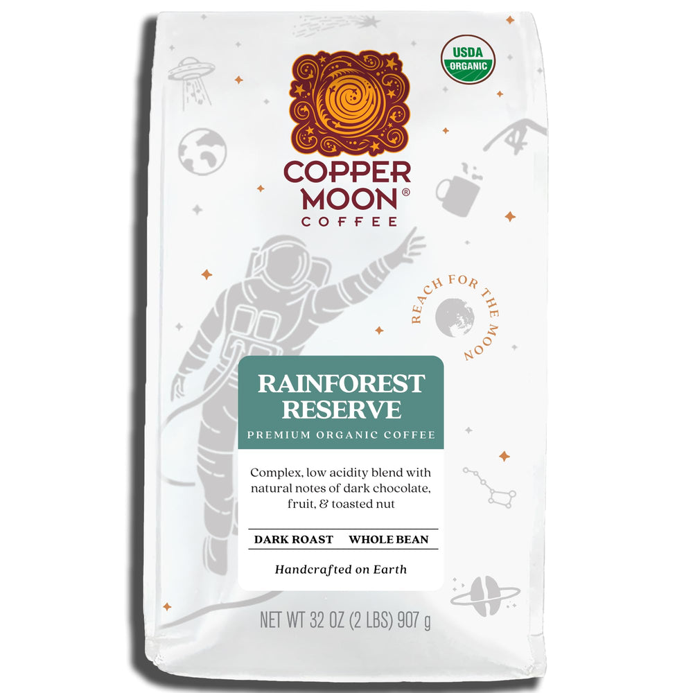 Copper Moon dark roast whole bean coffee bag showing rich aroma and smooth finish.