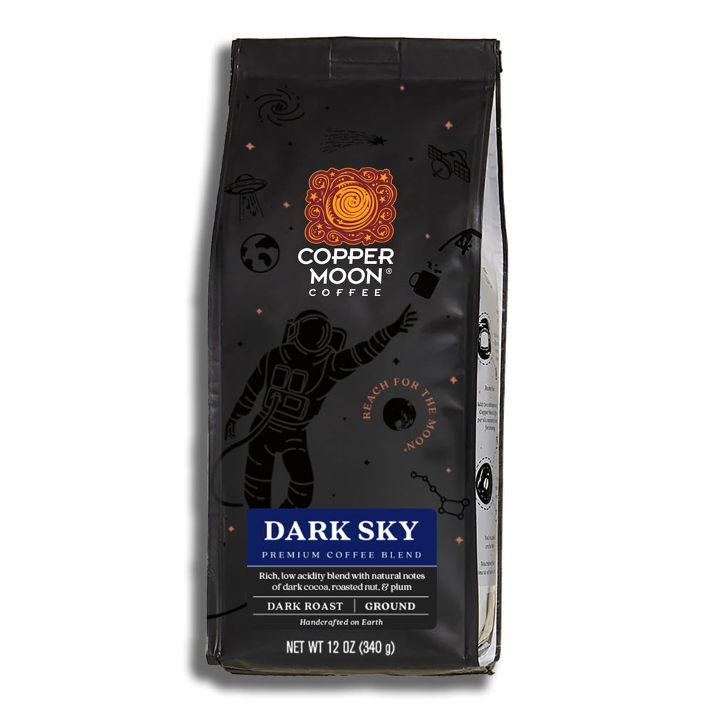 Copper Moon Dark Sky coffee bag with rich roast aroma and bold flavor.