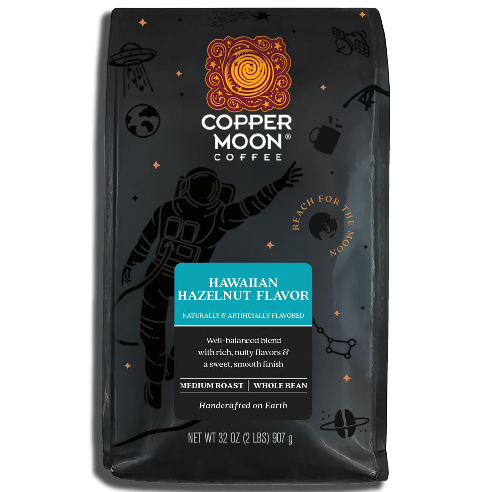 Copper Moon Hawaiian Hazelnut Medium Roast bag front highlights premium flavor.