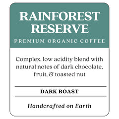 Copper Moon Rainforest Reserve organic blend label highlighting vibrant, sustainable sourcing.