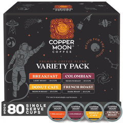 Copper Moon variety pack coffee pods in a box for sampling multiple roasts.