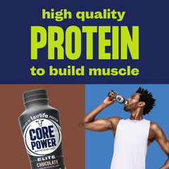 Close-up of Core Power Elite Chocolate label and nutrition details