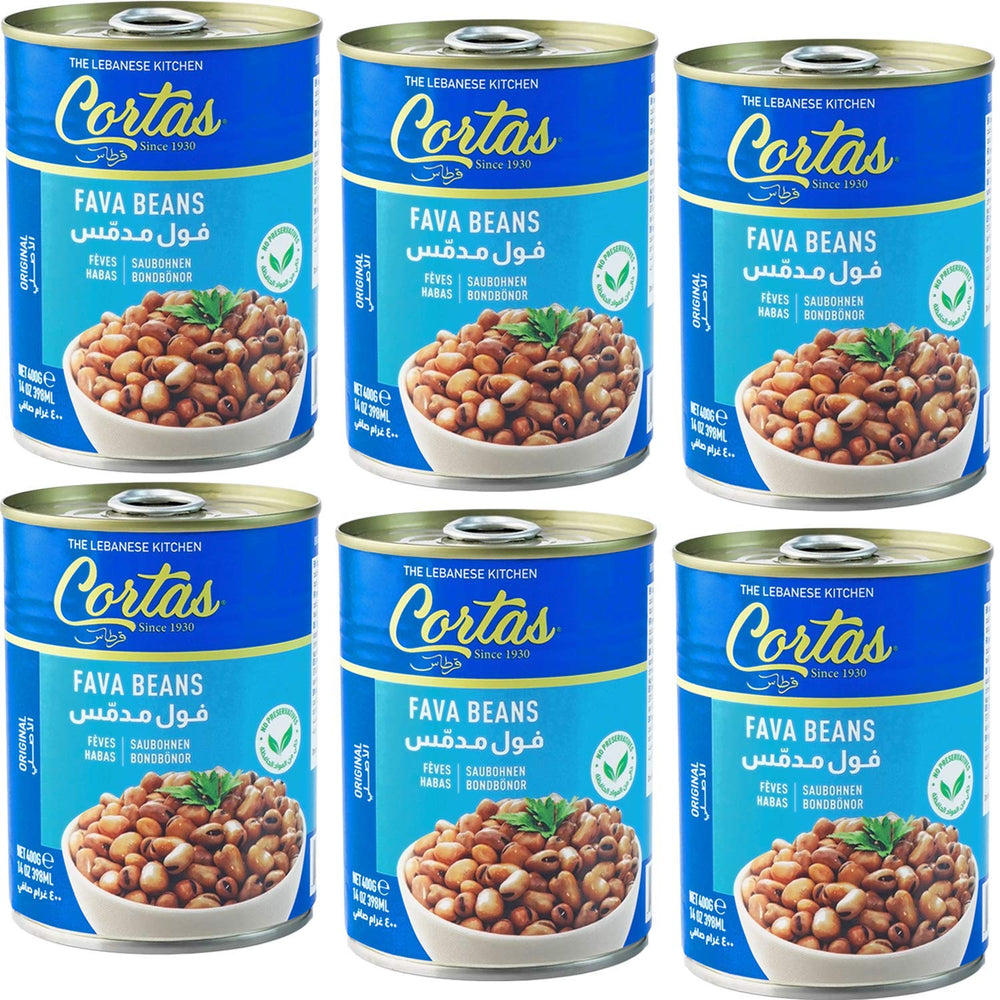 Cortas Fava Beans 14oz six-pack packaging showing gluten-free, protein-rich option.