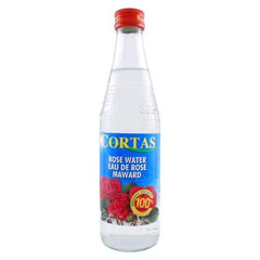 Cortas Rose Water 10 oz bottle adds delicate floral aroma to recipes.