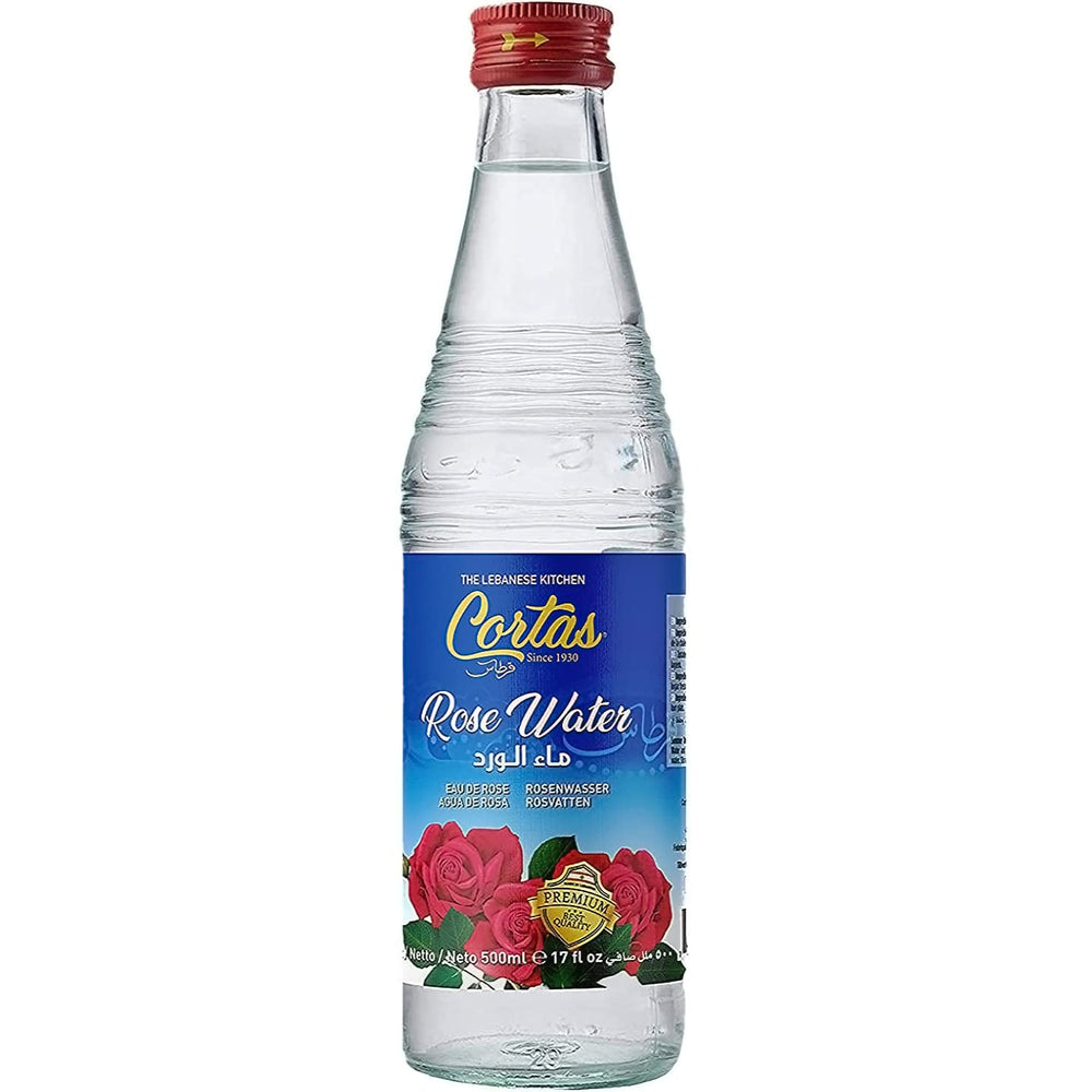 Cortas Rose Water bottle front view, ideal for refreshing beverages.