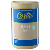 Cortas Tahini jar shows a smooth paste, perfect for creamy hummus and sauces.